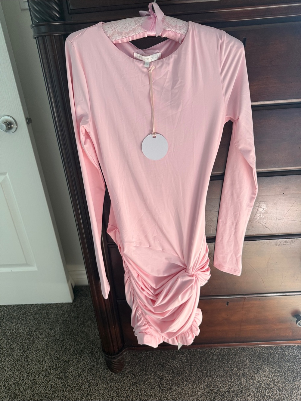 More To Come Long Sleeve Light Pink Ruched  dress with Knot Detail sz small